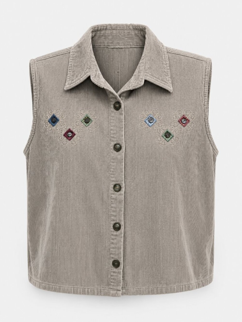 Vintage Corduroy Embroidered Button Front Utility Vest Taupe Beige Women's